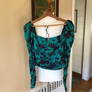 Free People Hilary Printed Boho Keyhole Long Sleeve Floral Green Top Small NWT
